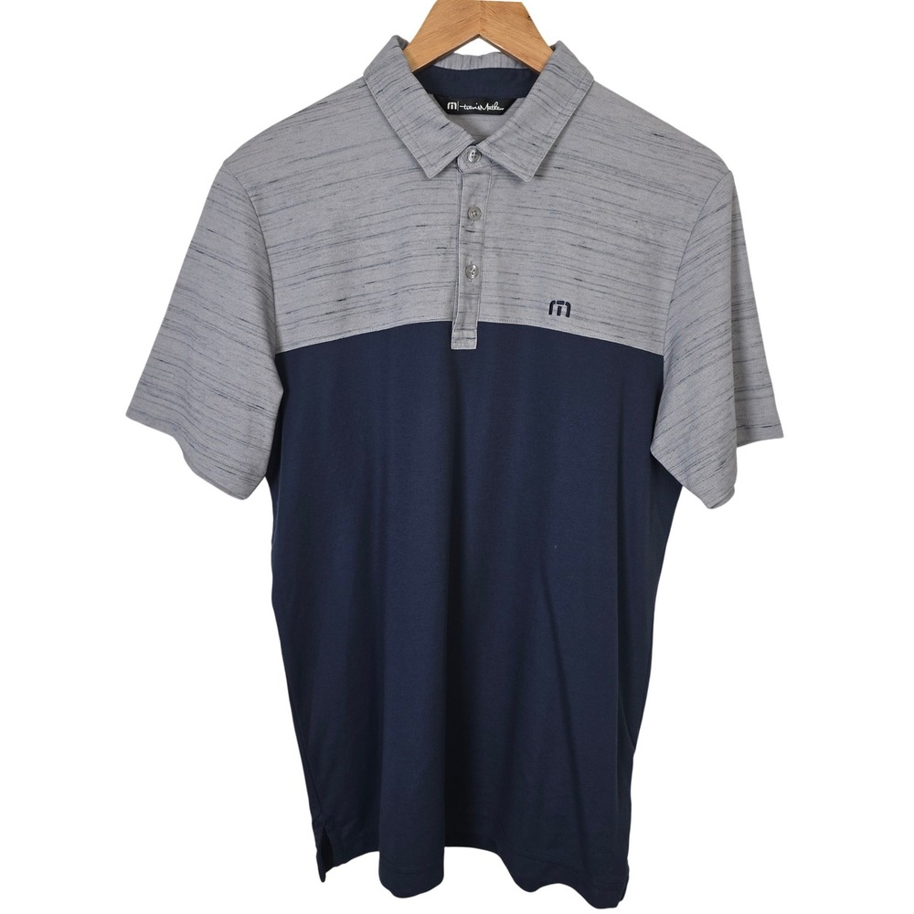 TravisMathew Mens Medium‎ Polo Shirt Grey Navy Colorblock Pima Cotton Golf Top